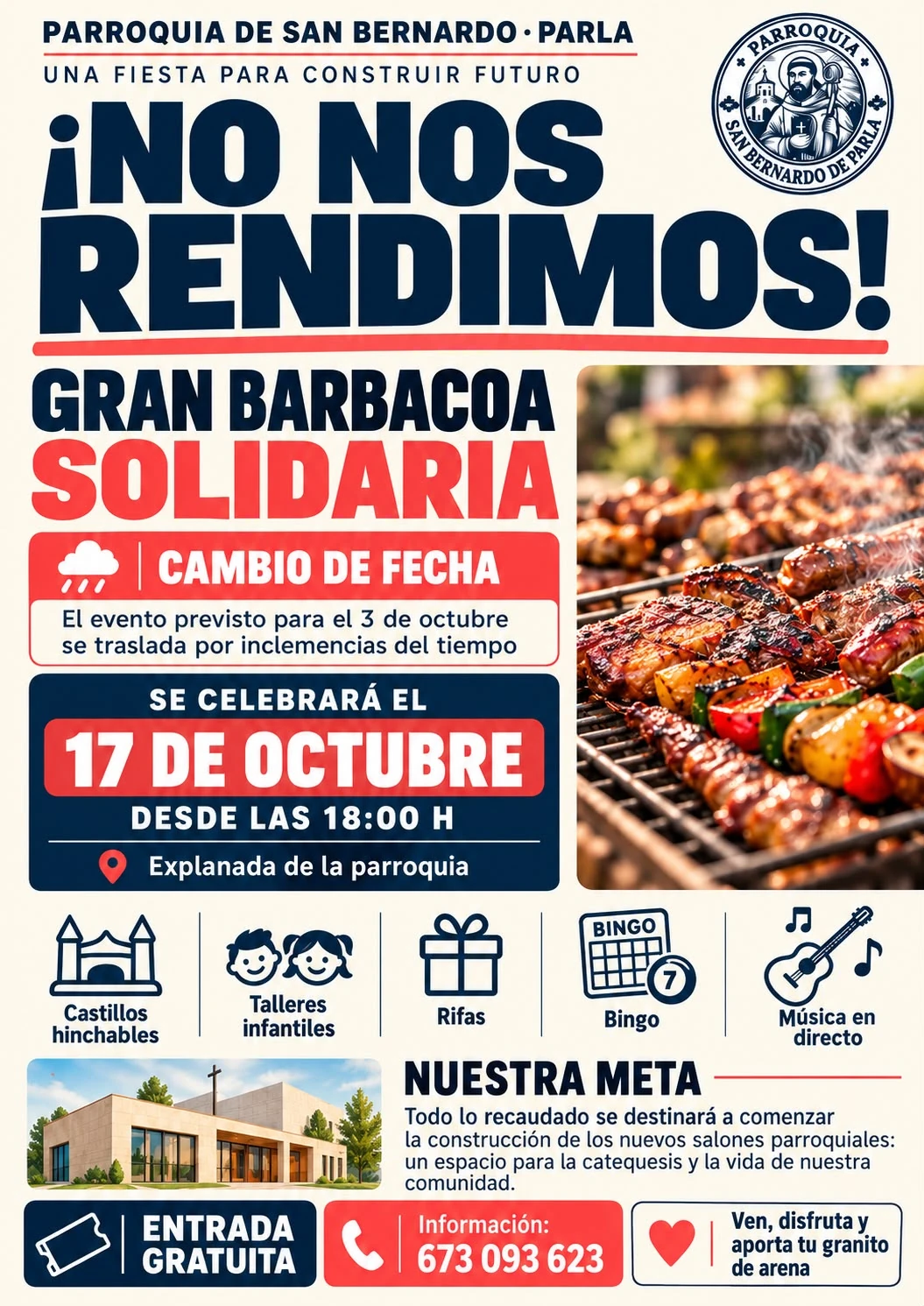 Cartel de la gran barbacoa solidaria aplazada al 17 de octubre de 2026, desde las 18:00 h, en la explanada de San Bernardo